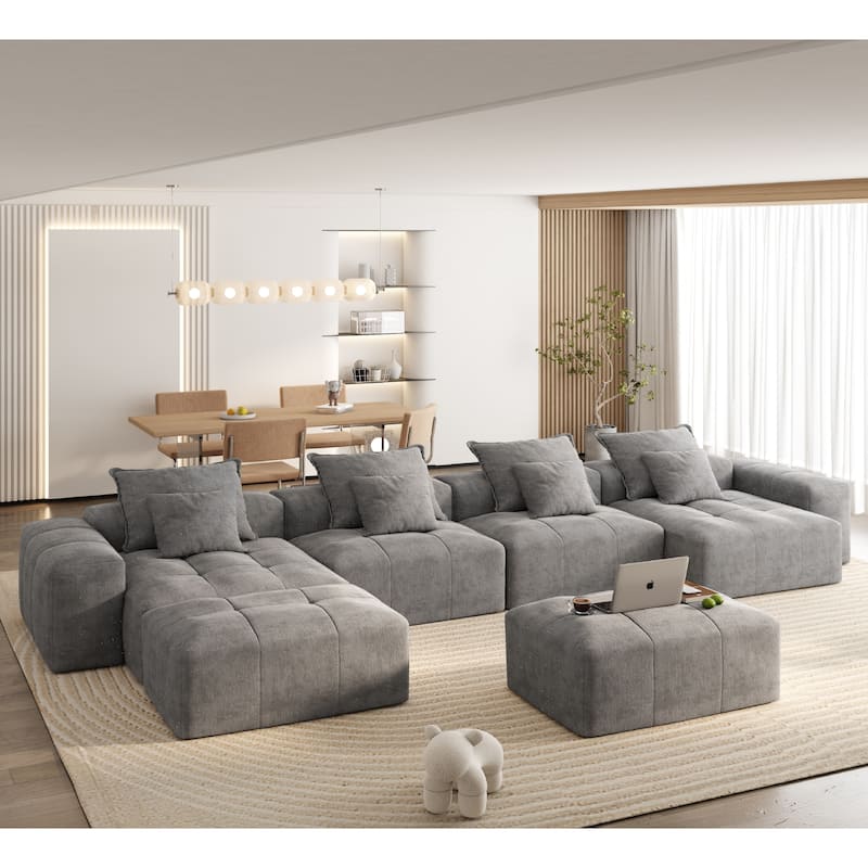 Oversized Modular Chenille 6-Seat Sectional Sofa with Cushions and 8 Pillows for Living Room - Grey
