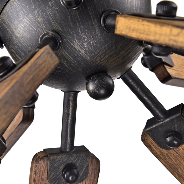 Bernice Antique Black Sputnik Natural Wood 6 Light Chandelier