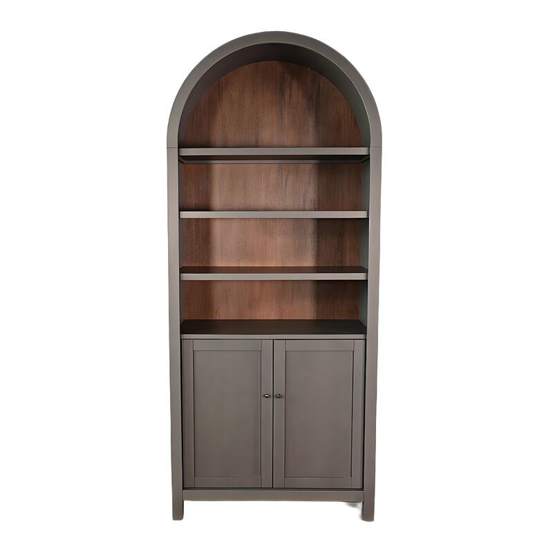 Xeny Arched Display Cabinet, 3 Shelves w 2 Doors, Gray Mahogany Wood