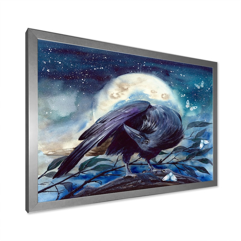 Designart "Raven On The Tree Branch With Shining Moon" Traditional Framed Art Print