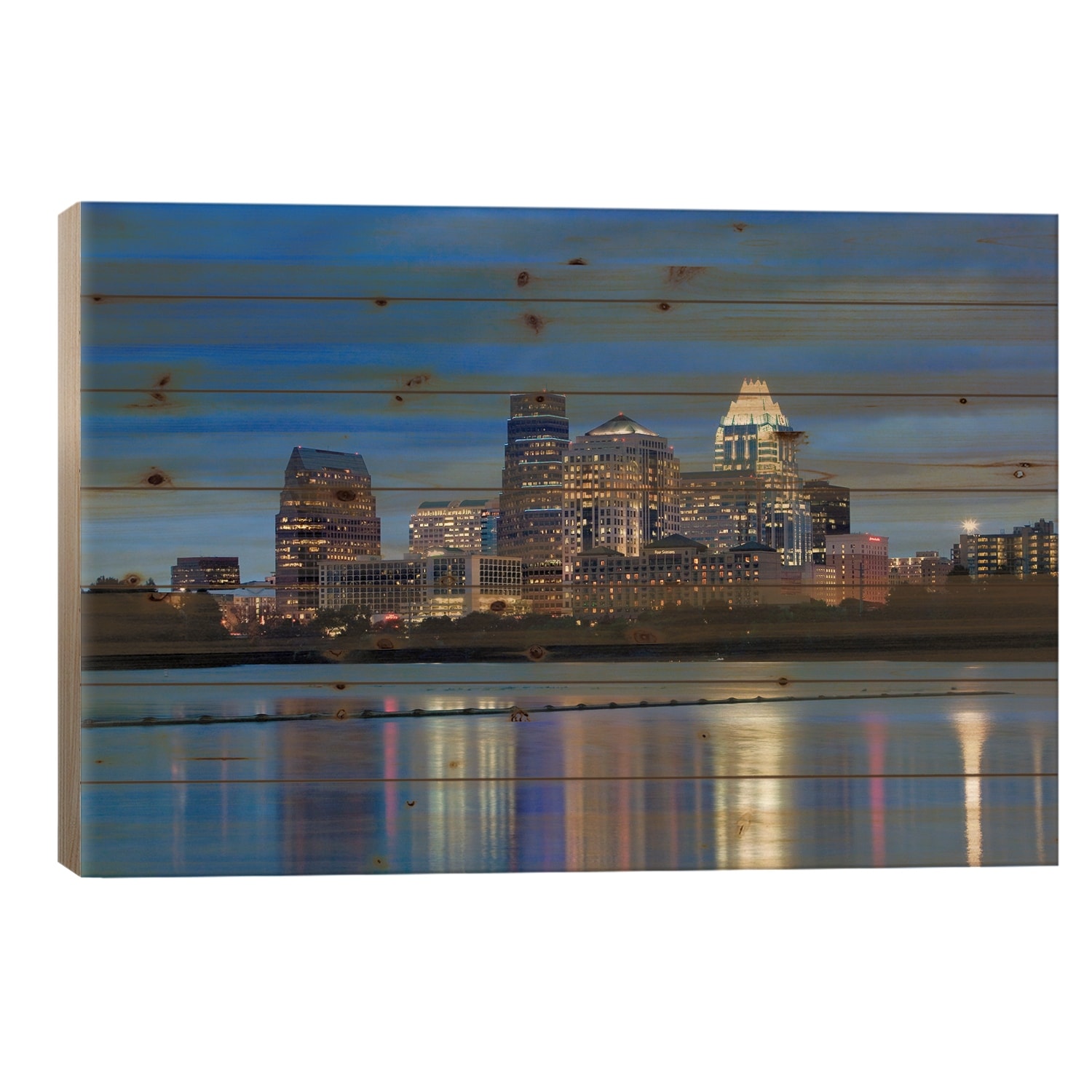 Buildings at the waterfront lit up at dusk, Town Lake, Austin, Texas, USA Print On Wood by Panoramic Images - Multi-Color