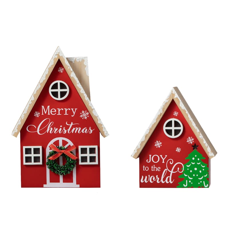 Glitzhome Set of 2 Christmas Lighted Wooden House Table decor