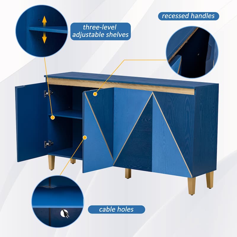 60" Retro Buffet Cabinet - 4-Door Vintage Sideboard with Adjustable Shelves for Dining/Living Room