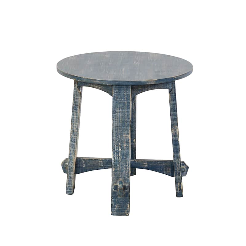 Rena Side End Table, 24 Inch Round Top, Rustic Distressed Blue Wood