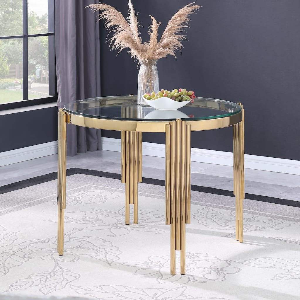 38.6" Round Glass Dining Table, Tempered Glass Tabletop and Polished Gold Legs, Modern Style Table