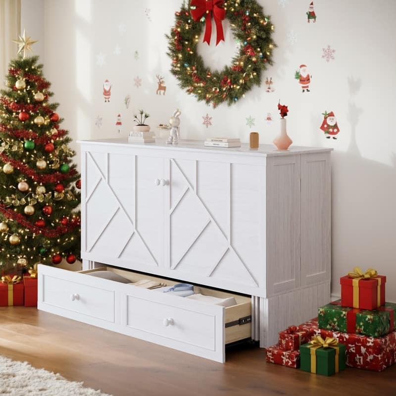 Mixoy Modern Queen Murphy Bed Chest with Mattress and USB ports