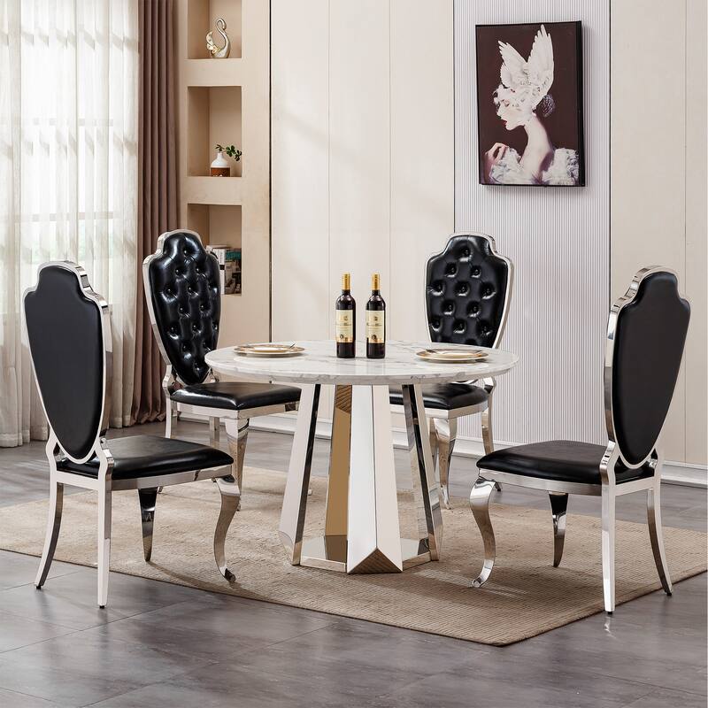 GDFStudio - Lisa Series 47" Round Marble Dining Table and Stainless Steel Base for Dining Room, Kitchen