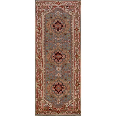 Hand Knotted Oriental 100% Wool Carpet Traditional Geometric Navy Blue & Blues Heriz (serapi) Runner Rug - 8' 2'' X 2' 6''