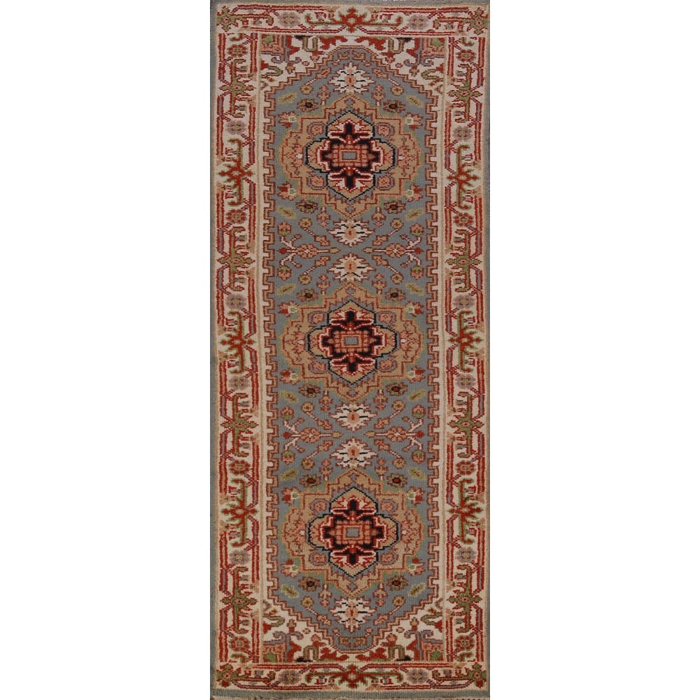 Hand Knotted Oriental 100% Wool Carpet Traditional Geometric Navy Blue & Blues Heriz (serapi) Runner Rug - 8' 2'' X 2' 6''