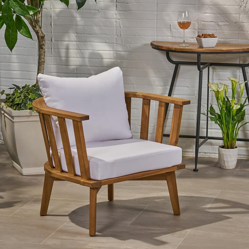 Roomfitters Outdoor Acacia Wood Patio Club Chair with Thick Waterproof Cushion, Deep Seating for Balcony, White