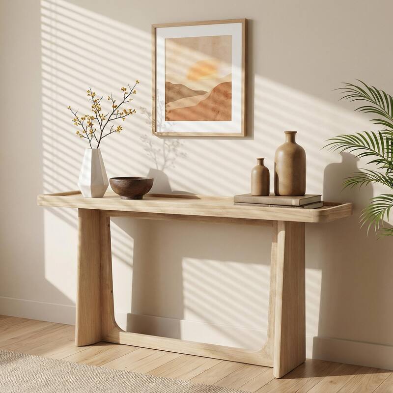 Farmhouse Console Table with Tray Top Design, Solid Wood Frame for Entryway, Living Room or Sofa Back - Natural