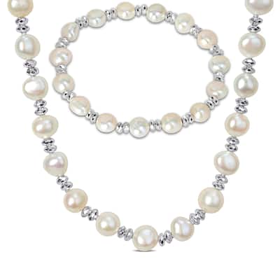 Miadora Cultured Freshwater Pearl Strand Necklace Double Rondelle Bracelet Set Sterling Silver