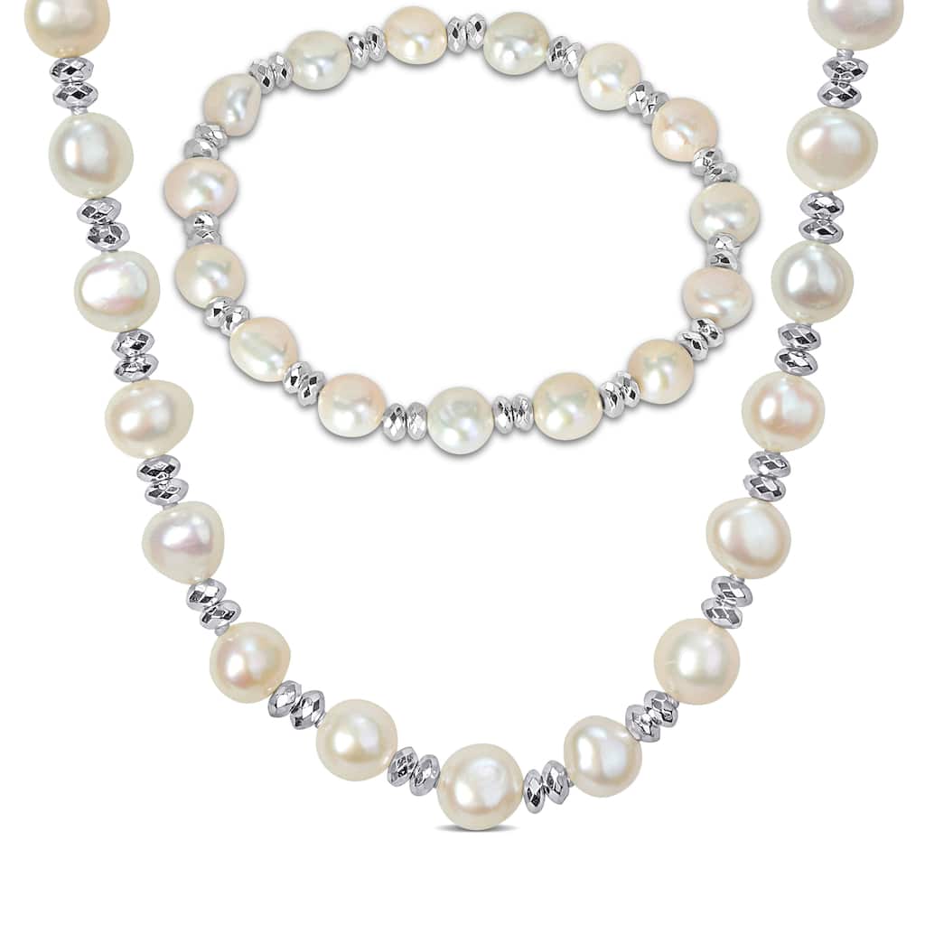 Miadora Cultured Freshwater Pearl Strand Necklace Double Rondelle Bracelet Set Sterling Silver