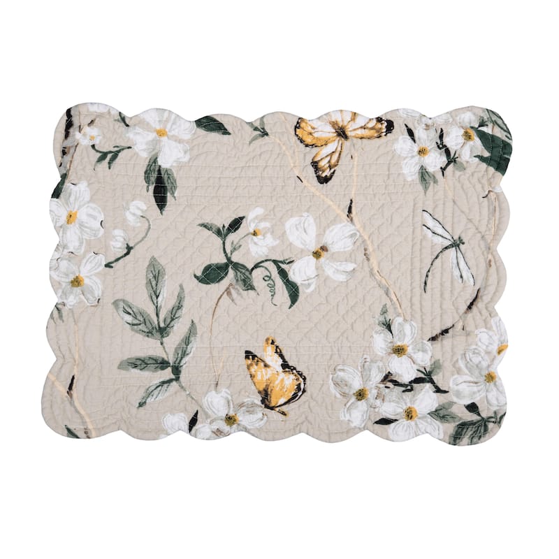 Dogwood Meadows Scalloped Placemats Set of 6 Floral Flowers, 13" x 19" - Beige
