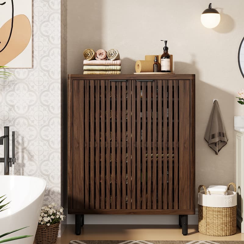 Wooden Bathroom Floor Cabinet, Adjustable Shelves Large Storage Sideboard Accent Cabinet for Bathroom Kitchen Living Room
