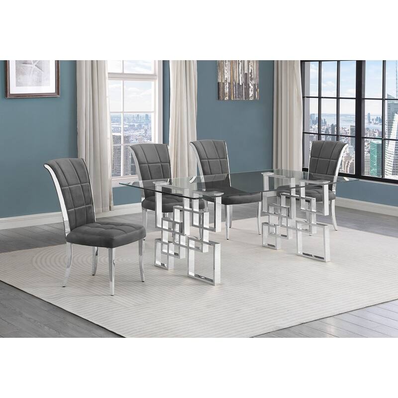 Best Quality Furniture D221/2-SC320-7 Dining Set with 12mm Tempered Glass - 5-Piece - Dark Grey with Silver