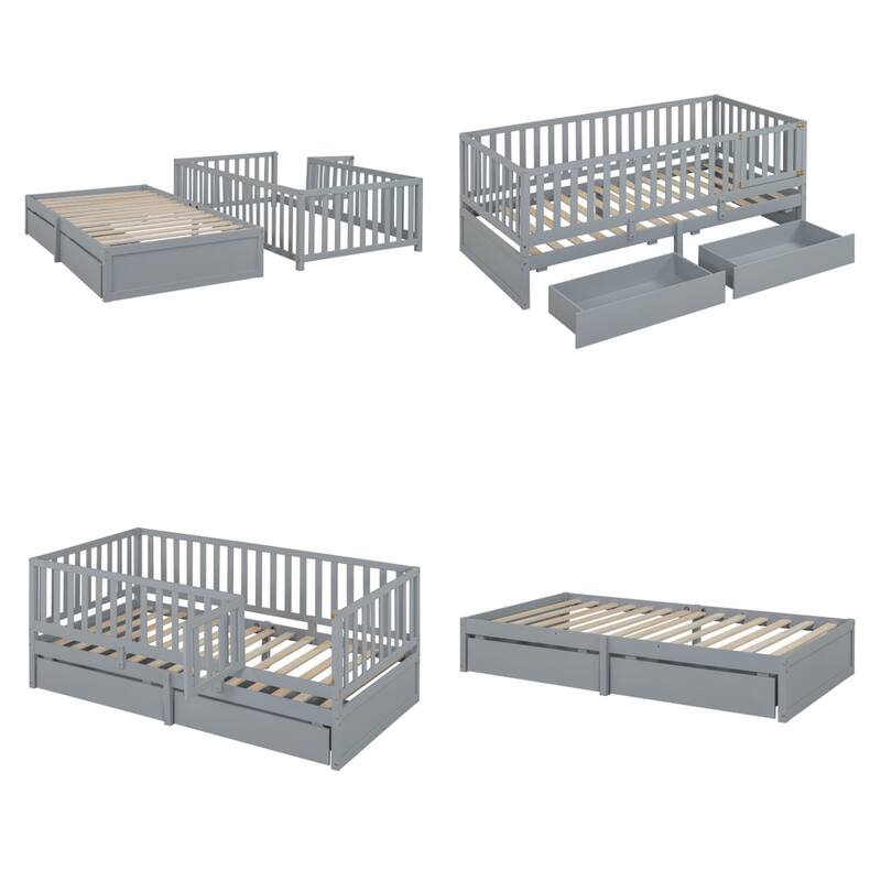 Twin Size Wood Daybed with Fence Guardrails and 2 Drawers