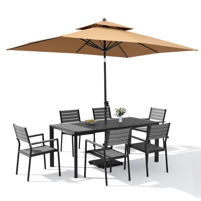9-PCOutdoor Patio Dining Set Wood Like Aluminum Umbrella Hole Table with Stackable Armchairs, Market Umbrella and Wheel Base