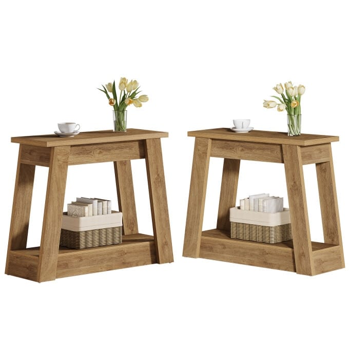 2-Tiers Small End Table, Small Wood Side Table - 2PCS - Light Brown