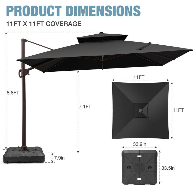 VredHom 11x11 FT Outdoor Patio Double Top Cantilever Umbrella with Wheel Base