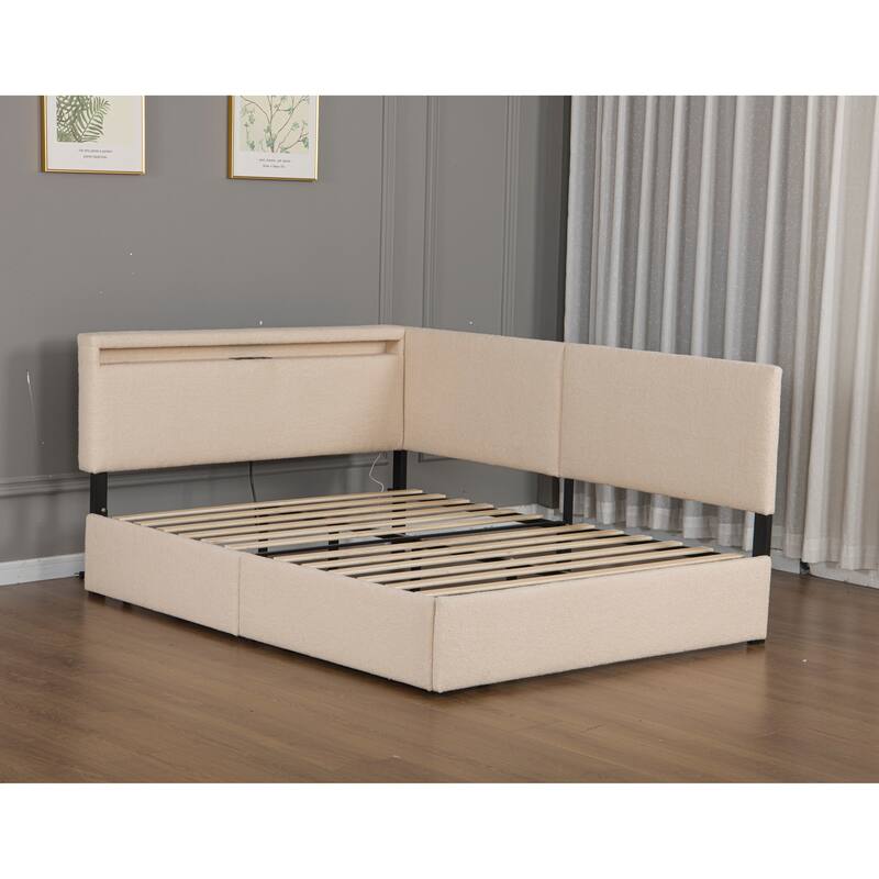 Full/Twin Size Boucle Upholstered Cloud Bed Frame with Headboard, Solid Wood Legs - No Box Spring Needed