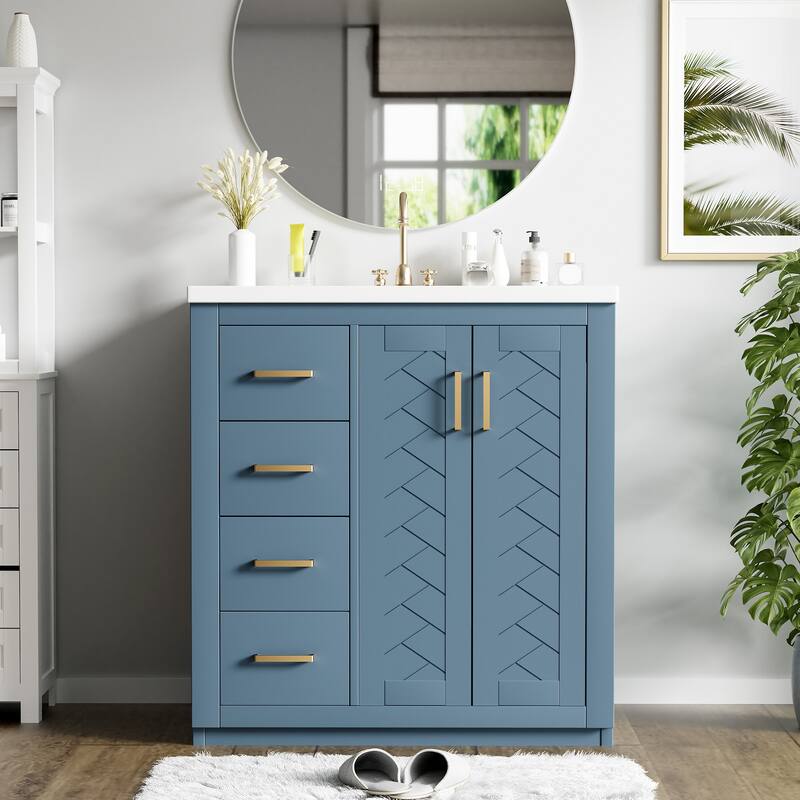 30" Modern Bathroom Vanity Combo with Ceramic Sink, Solid Wood Frame, 3 Drawers, Storage Cabinet