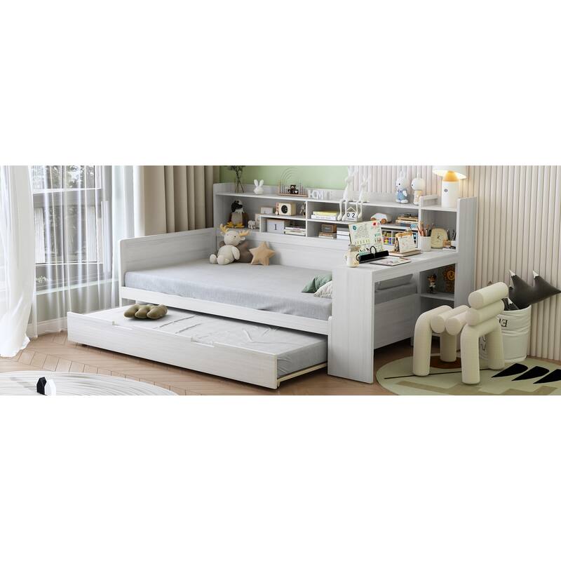 All-in-one Captains Bed Wooden Daybed U-shape Bookcase Bed with Pull-out Trundle Bed and Side Study Desk for Bedroom