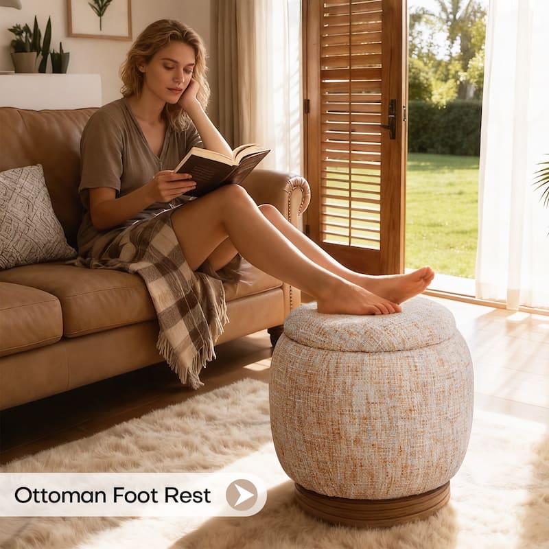 Fully Assembled Round Storage Pouf Ottoman Footstool with Flip-top and Acacia Solid Wood Frame