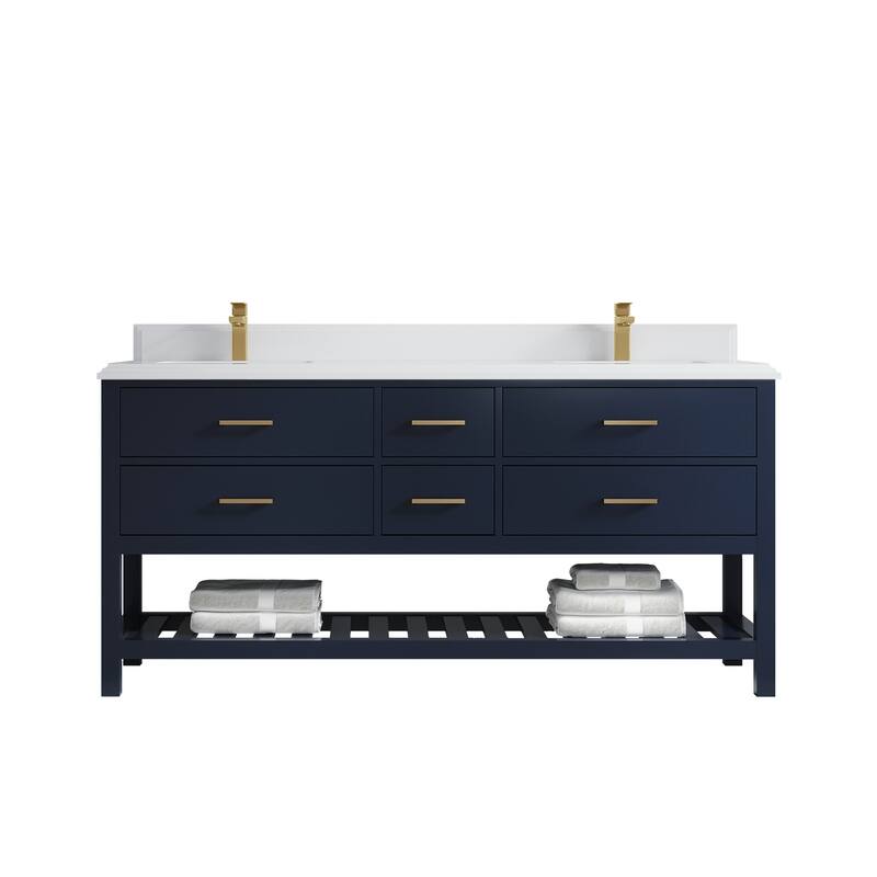 Willow Collections 72 in. W x 22 in. D Parker Double Sink Bathroom Vanity with Countertop - 1.5" White Quartz - Navy Blue