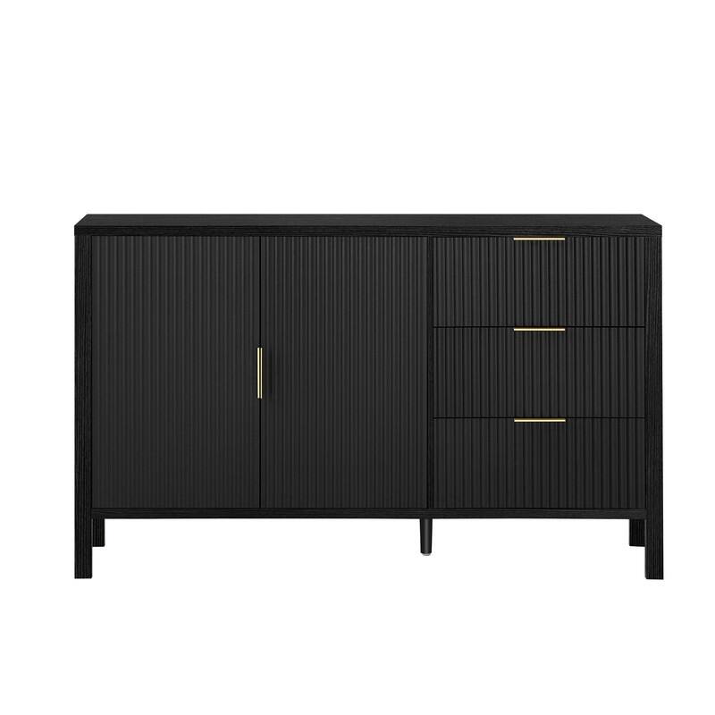 Modern Fluted 2-Door Sideboard with 3 Storage Drawers and Adjustable Hooks for Living Room,Entryway,Hallway