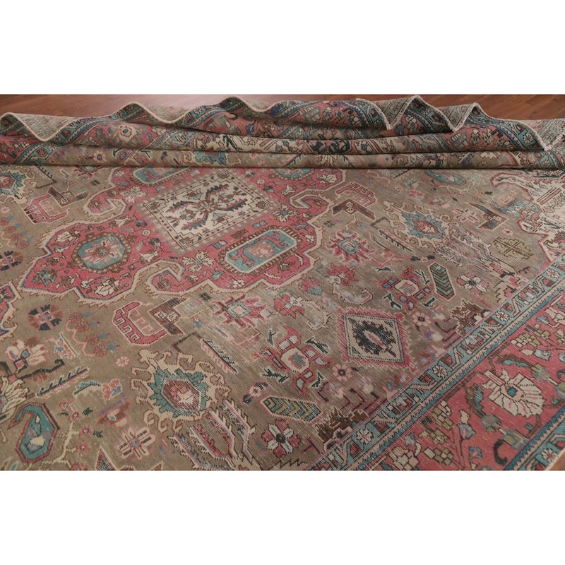 Brown Distressed Tabriz Persian Antique Area Rug Handmade Wool Carpet - 9'2" x 12'10"