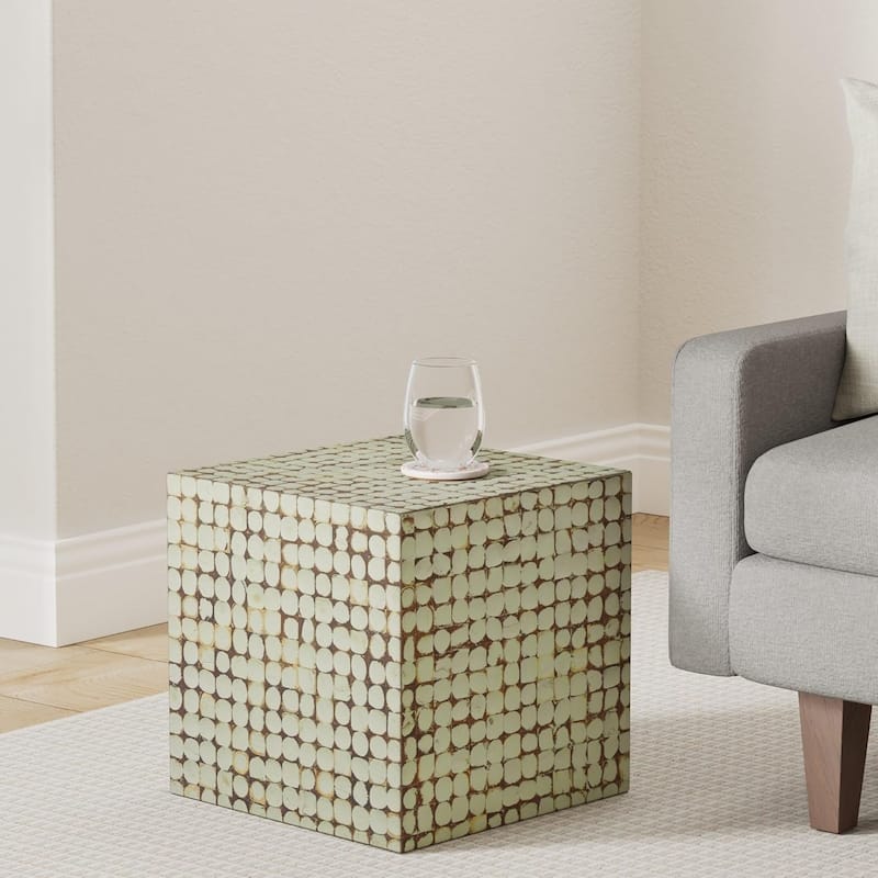 Juliette Distressed Natural Coconut Cube Accent Table by East at Main - Square - Sage Green