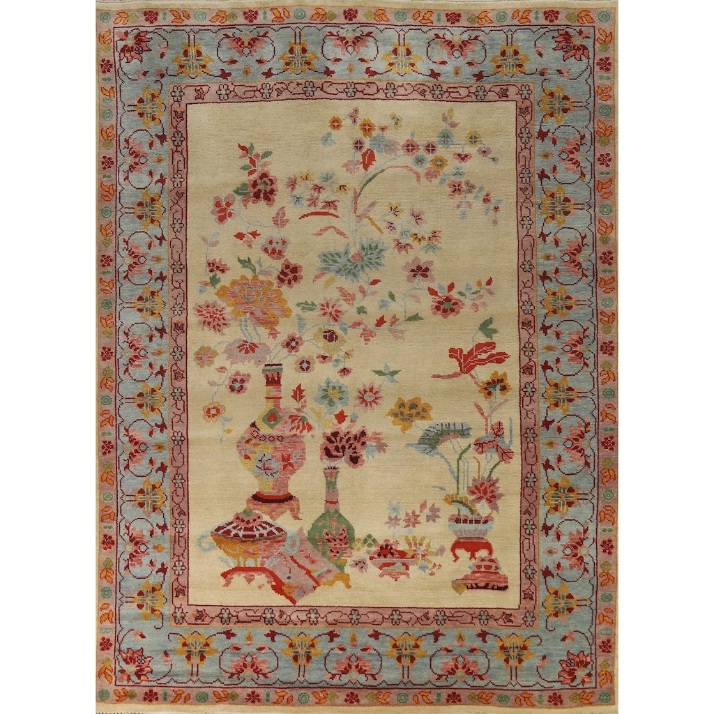 Pictorial Art Deco Indian Area Rug Handmade Wool Carpet - 8'1" x 10'1"