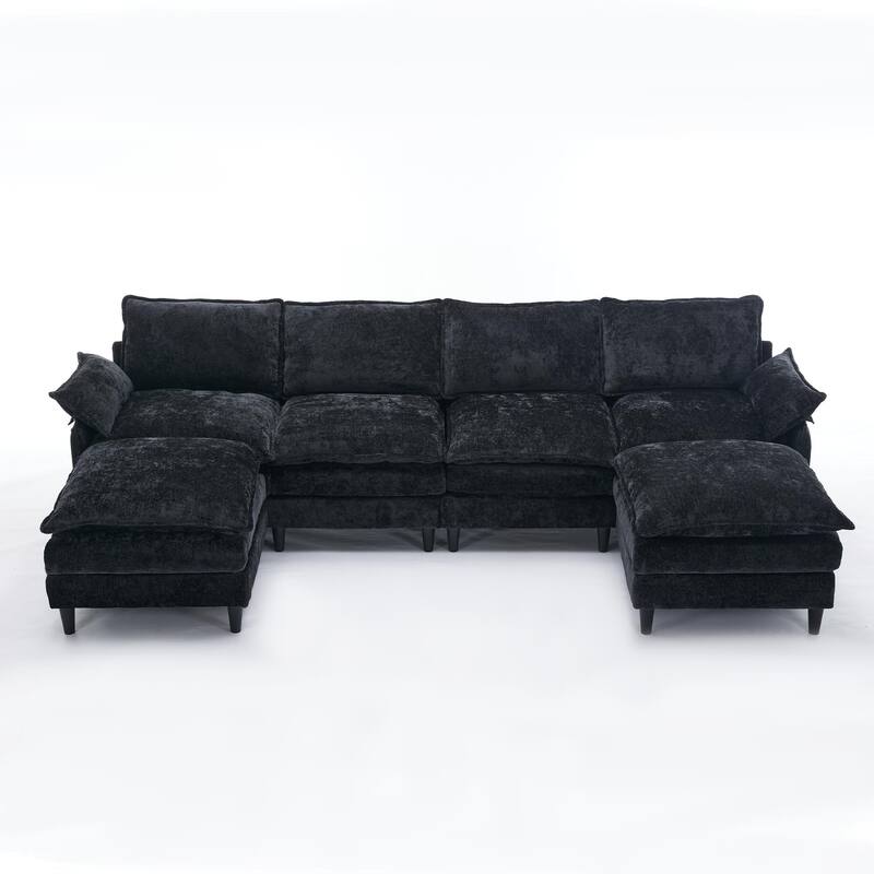 Modular U Shaped 6-Seater Convertible Chenille Sofa Set, Black