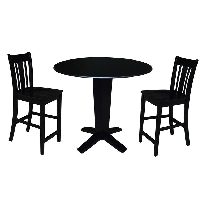 42 in Solid Wood Round Drop Leaf Counter Height Dining Table with Stools in Black - 3-Piece