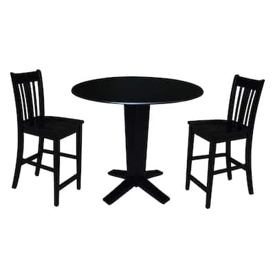 42 in Solid Wood Round Drop Leaf Counter Height Dining Table with Stools in Black