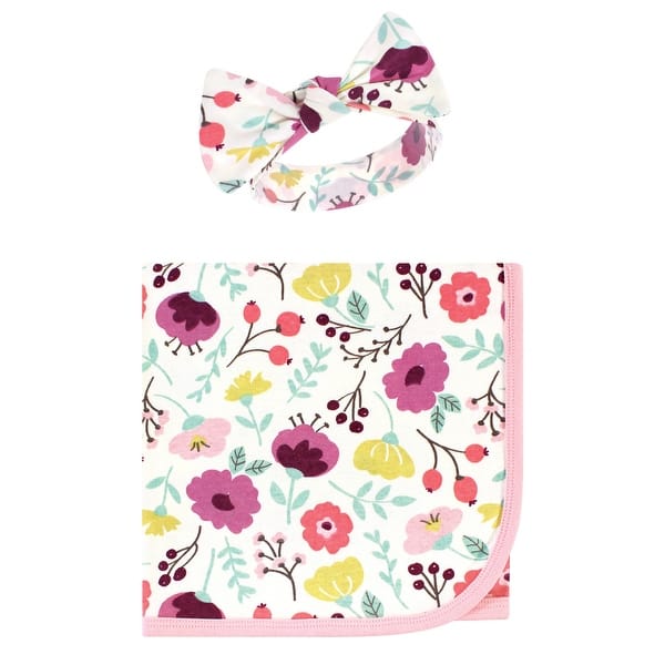 slide 1 of 1, Touched by Nature Baby Girl Organic Cotton Swaddle Blanket and Headband or Cap, Botanical, One Size - Botanical - One Size One Size - Botanical