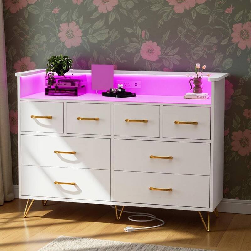 8 Drawer Wood Dresser, with Power Outlet and LED Lights - White