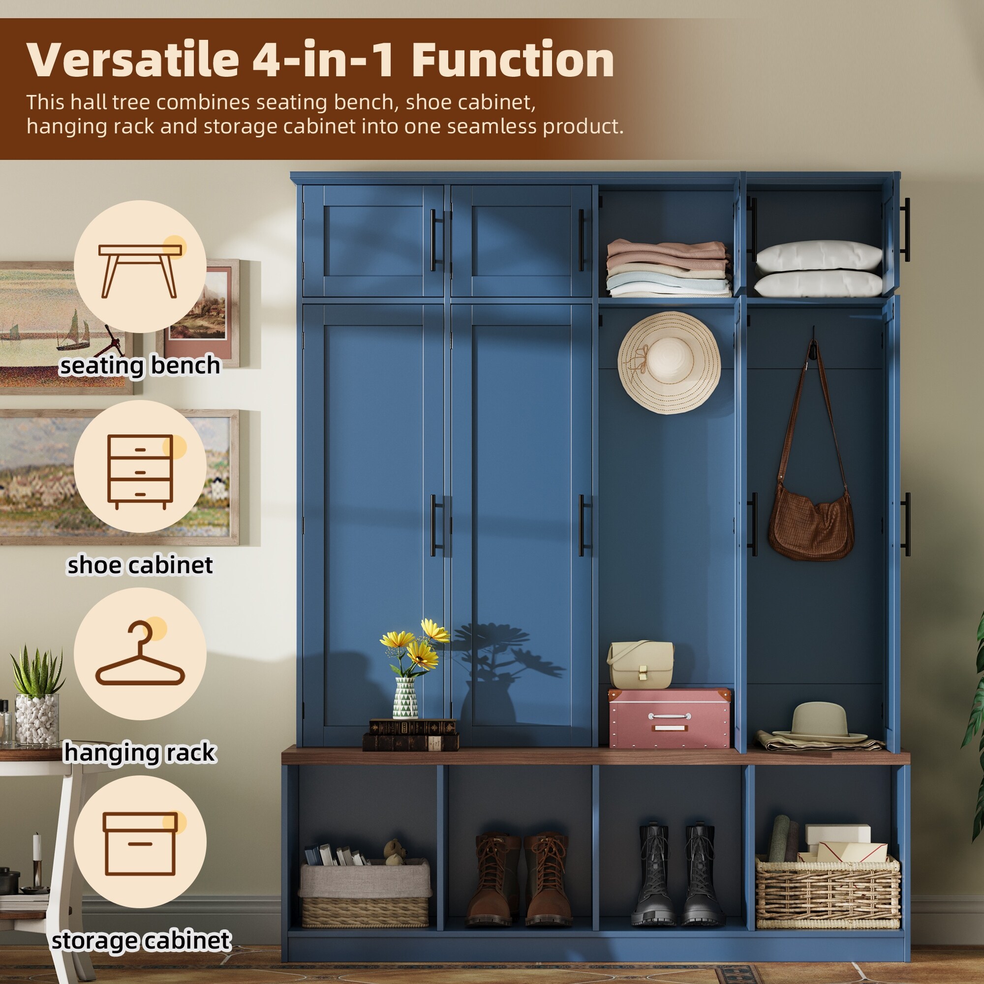 Farmhouse Hall Tree with Bench - 4 Hidden Hooks & 8-Door Shoe