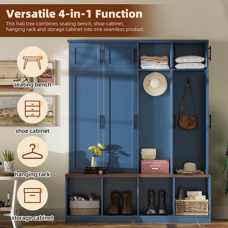 Rustic Farmhouse Entryway Set – Concealed 4-Hook Coat Rack & 8-Door Storage Bench with Open Shelves‌