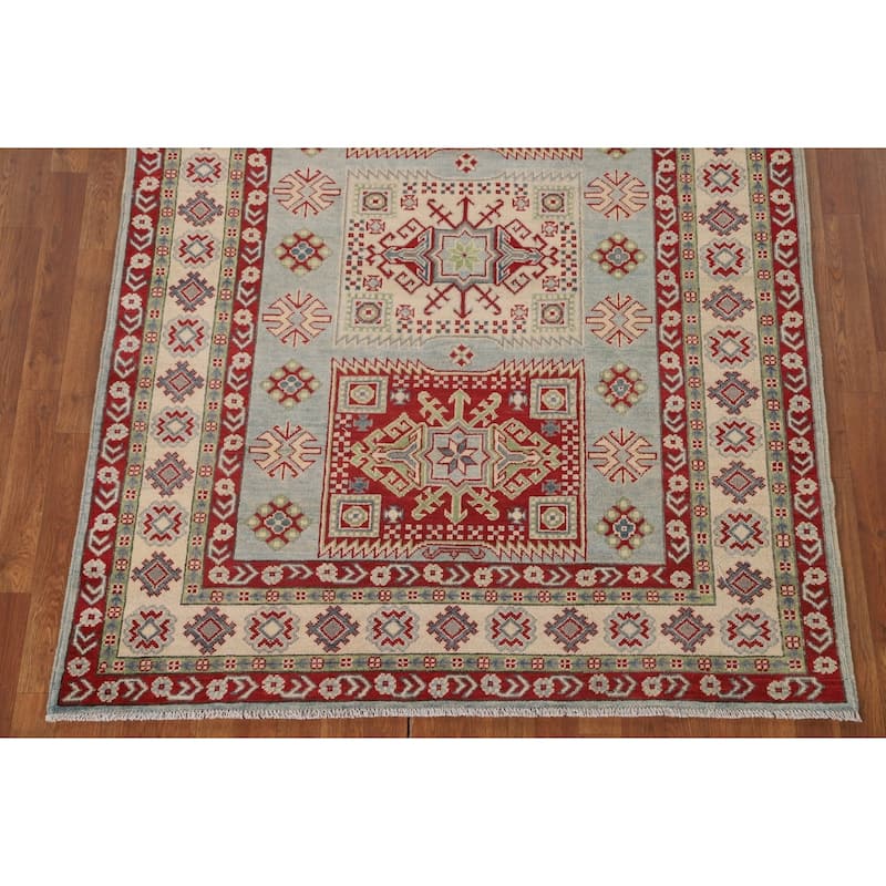 Geometric Kazak Area Rug Bedroom Handmade Wool Carpet - 5'1" x 6'10"