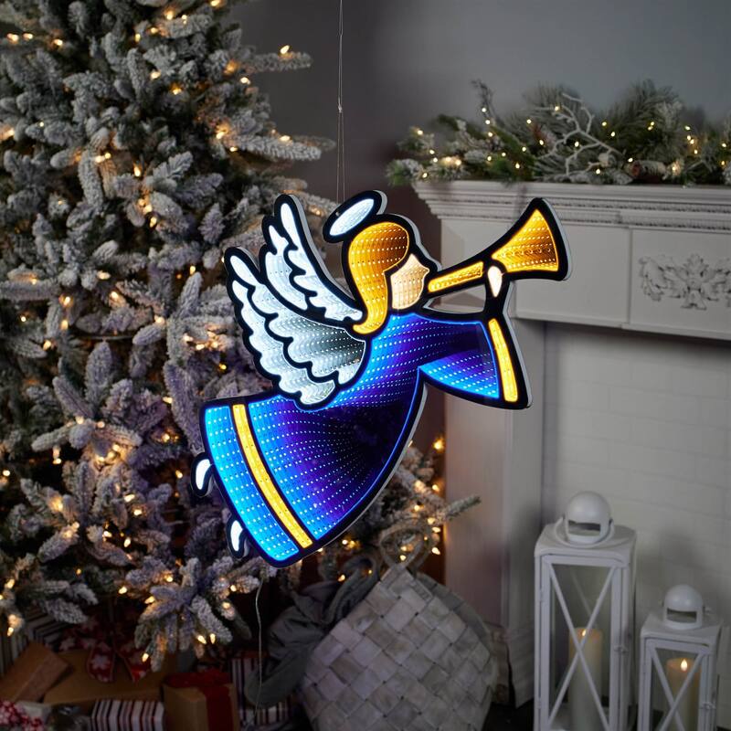 LED Lighted 3D Trumpeting Angel Christmas Infinity Mirror - 26.5"