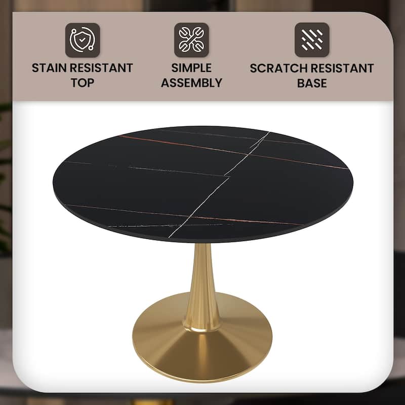 LeisureMod Round Dining Table 40" Sintered Stone Tabletop in Gold Steel Bistro Series