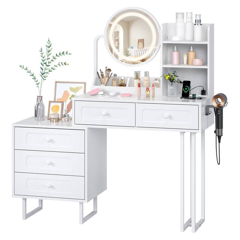 Particle Board Veneered White Bracket, White Iron Feet, 5-drawer 2-compartment 2-tier Rack Dressing Table - N/A