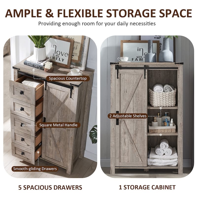 Farmhouse 5 Drawers Dresser, Vintage Chest of Drawers with Barn Door