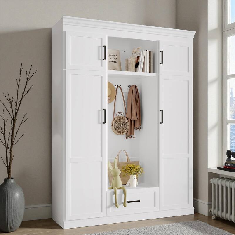85.2'' H Modern Hall Tree with Bench, 4 Doors, 3 Hooks & Drawer, Entryway Storage Cabinet with Adjustable Shelves