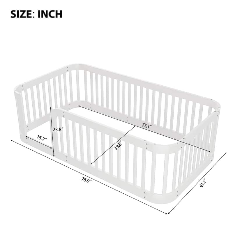 Wood Wood Floor Bed Frame with Fence - White