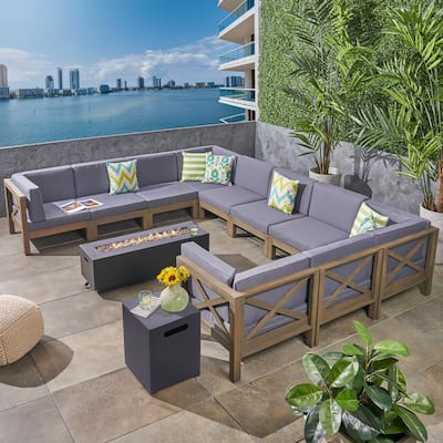 Comores Outdoor Acacia Wood 10 Seater U-Shaped Sectional Sofa Set with Fire Pit by Christopher Knight Home