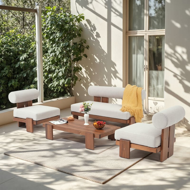Modern Wooden Outdoor Sofa Set with Cushions - Beige