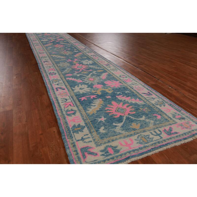 Hand Knotted Oriental 100% Wool Carpet Transitional Floral Navy Blue & Blues Oushak Runner Rug - 15' 10'' X 3' 2''